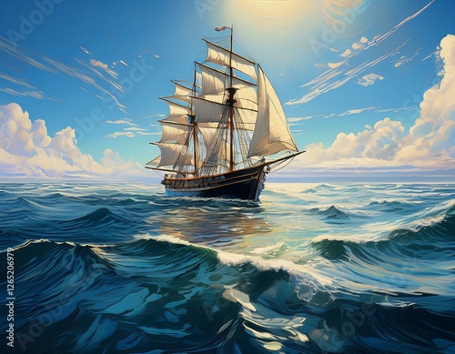 sea ocean ship water boat sail sky sailboat illustration wave nautical art nature blue travel
