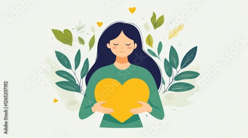 Happy young woman holding a heart in her hands, embracing self-love and inner peace. Concept of mental health, emotional well-being, and personal care in a modern vector illustration.