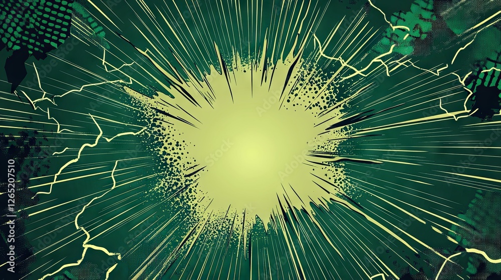 Obraz premium Blank Green Comic Background with Lightning Bolts for Dramatic Caption or Speech Bubble