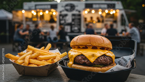 Experience the delight of a food truck offering a pork burger adorned with cheese, complemented by a side of crispy fries