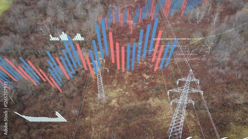 Aerial drone shot flying over power lines and electricity pylons, with digital graphs and data overlays representing rising electricity prices in Europe and worldwide. Energy cost crisis, power supply
