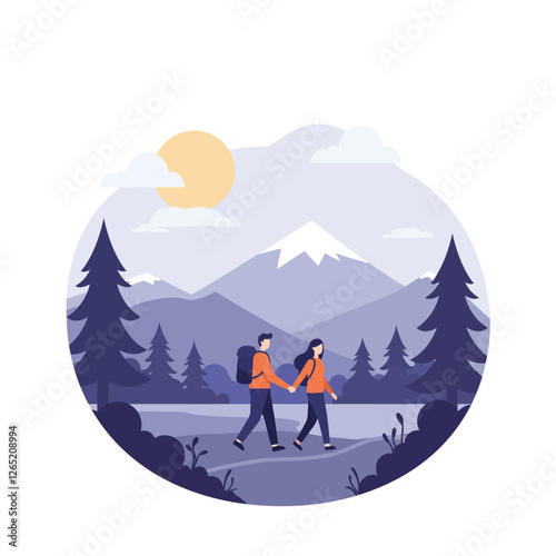 In the first frame, the sun rises, illuminating the landscape as the hikers walk together.