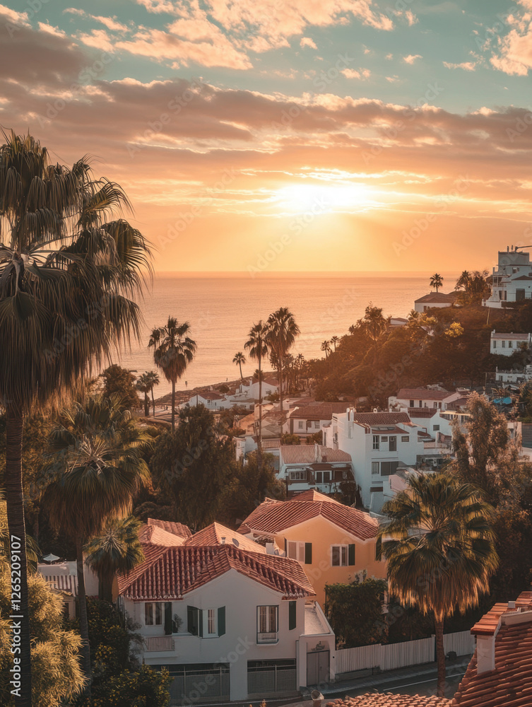 Sunset over a coastal city on the ocean background Sunset over a coastal city on the ocean background