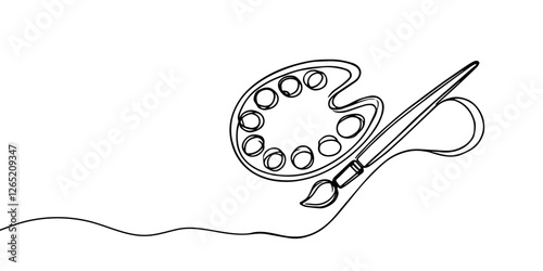 Brush and painting palette with paints. Continuous one line drawing. Vector illustration isolated on white background 