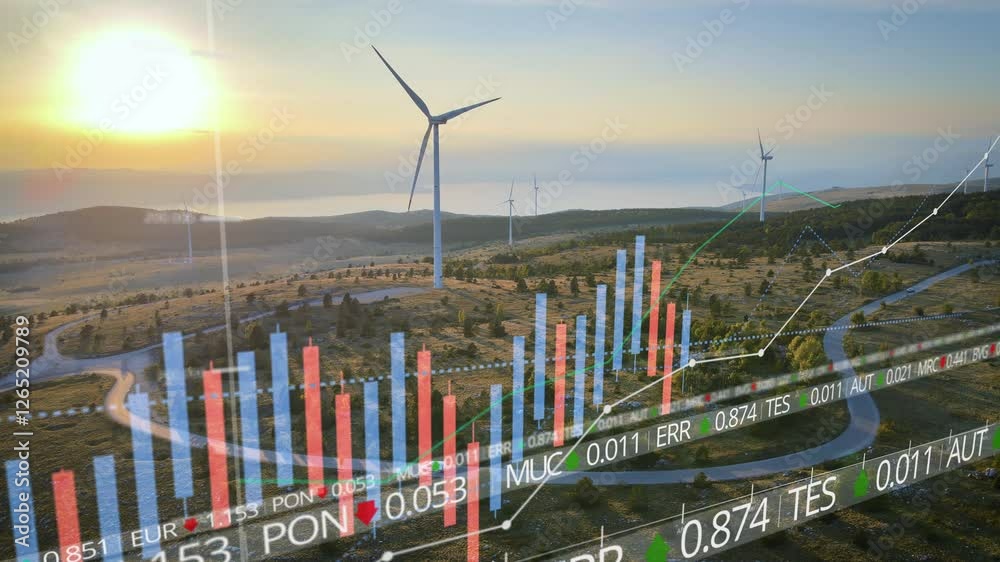 Wind farm on a mountain ridge in a scenic, hilly landscape generating green wind energy. Digital graphs and rising data overlays illustrate growth in renewable energy production and economic benefits