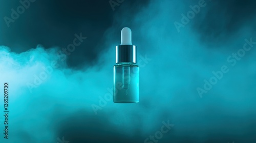 a glass dropper bottle in teal blue with a metallic silver cap, surrounded by a blue smoky mist.  photo