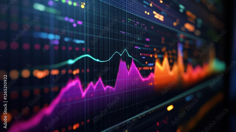 Glowing lines and bars represent fluctuating market trends, providing insights into investment performance and economic activity on a vibrant digital display Glowing lines and bars represent fluctuating market trends, providing insights into investment performance and economic activity on a vibrant digital display