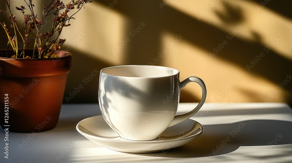 Sunlight warms morning tea, dried flowers nearby. Sunlight warms morning tea, dried flowers nearby.