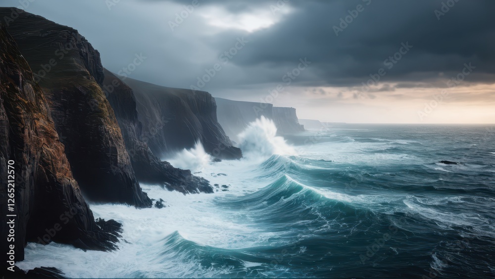 a dramatic coastal scene where powerful waves crash against rugged cliffs under a moody sky a dramatic coastal scene where powerful waves crash against rugged cliffs under a moody sky