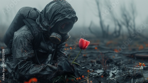 Post-apocalyptic man in hazmat suit picks live red flower