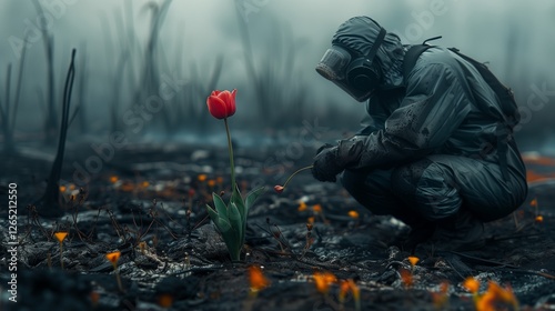 Post-apocalyptic man in hazmat suit picks live red flower