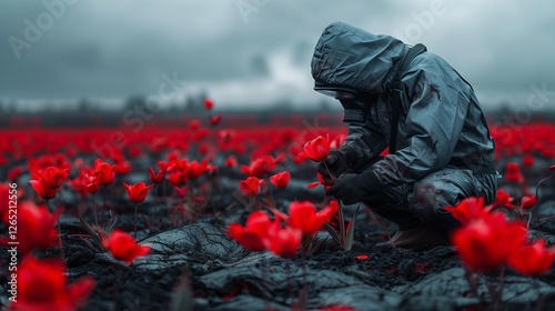 Post-apocalyptic man in hazmat suit picks live red flower