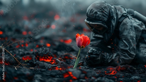Post-apocalyptic man in hazmat suit picks live red flower