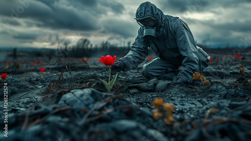 Post-apocalyptic man in hazmat suit picks live red flower