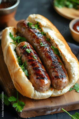 Delicious Grilled Sausage Sandwich with Fresh Parsley on Rustic Wooden Board Close Up View