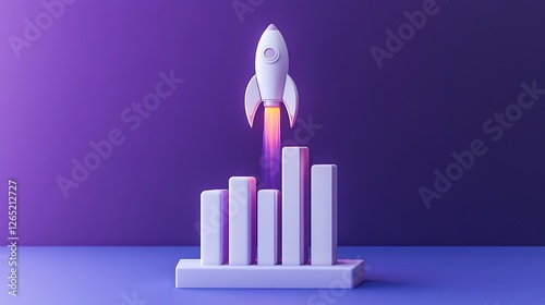 3D Rocket Launch Over Futuristic Cityscape, A stylized 3D illustration of a rocket launching above a futuristic cityscape with clouds and abstract shapes
