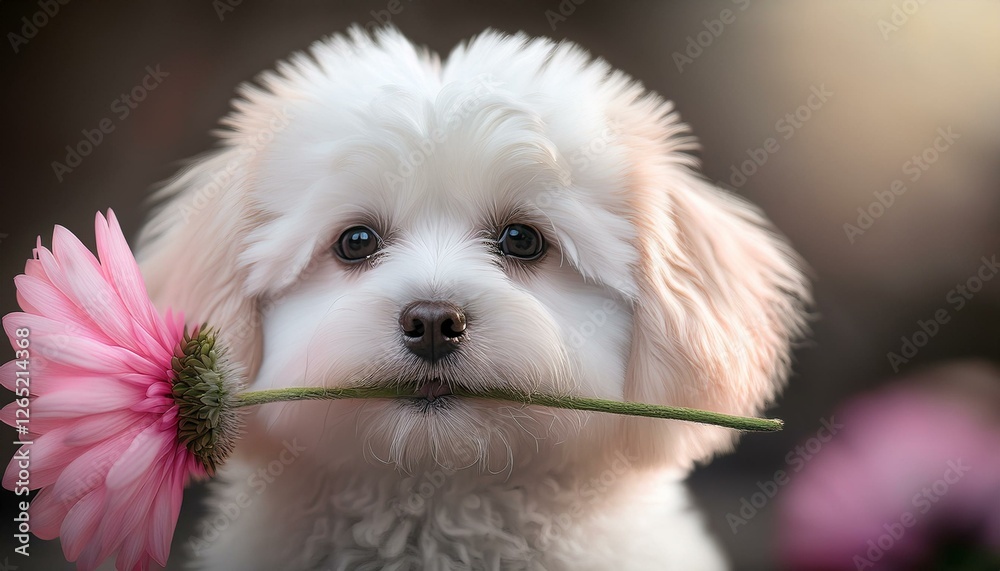 a cute white lap dog with fluffy fur holds a pink flower in its teeth creating an adorable and playful atmosphere a cute white lap dog with fluffy fur holds a pink flower in its teeth creating an adorable and playful atmosphere