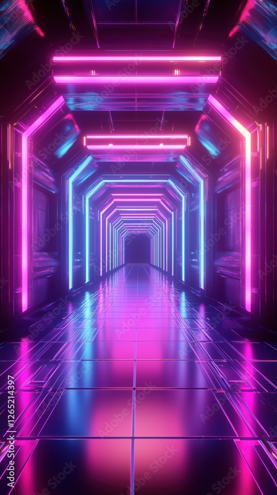 Fototapeta premium 3d, background, abstract Futuristic neon tunnel with geometric shapes and reflective metal surfaces