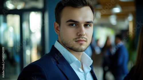 Portrait of a handsome young. business man. on a meeting in offce with colleagues in background photo