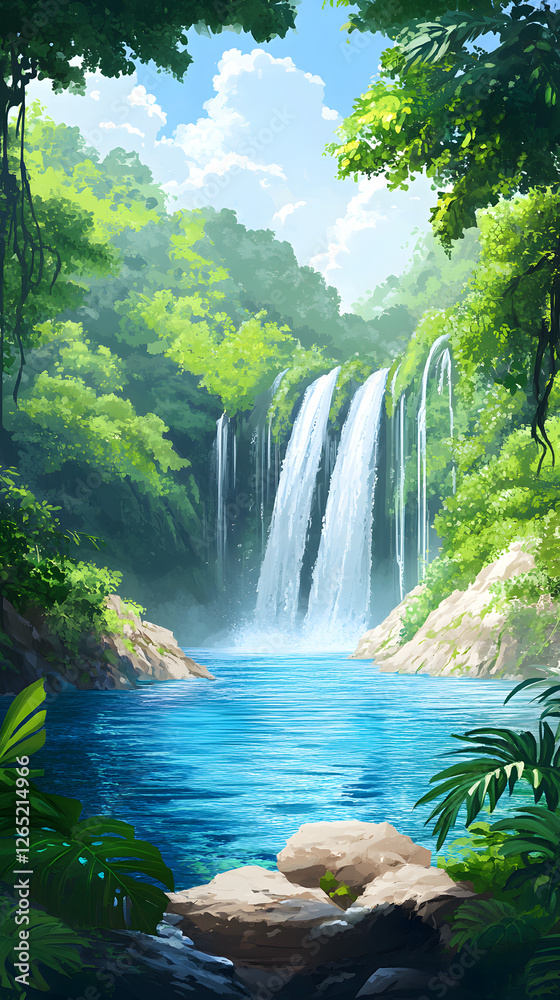 Naklejka premium Beautiful nature landscape with a blue lake and green forest, with picturesque waterfalls 