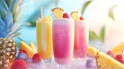 Refreshing Tropical Fruit Smoothies with Pineapple and Raspberry photo