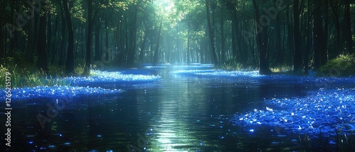 Magical forest stream with glowing blue flowers