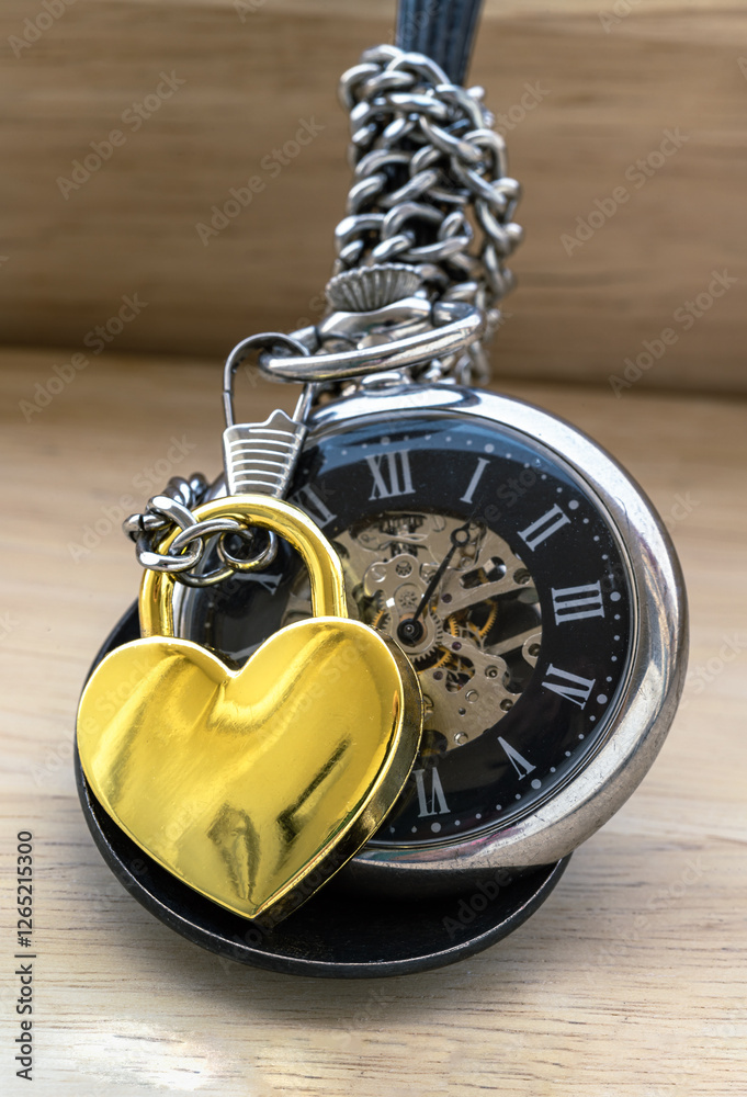 Golden heart shaped love padlock lap over A retro pocket watch on white background. Love can endure beyond the limitations of time, Concept of Love that transcends time, Valentine's day, Copy space.