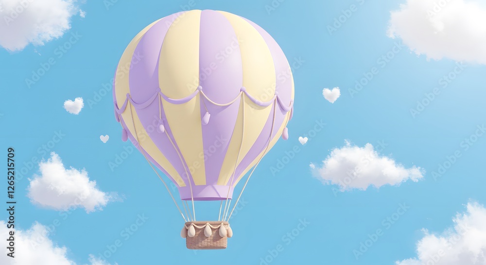 Obraz premium Hot Air Balloon Floating in Blue Sky with Heart-shaped Clouds