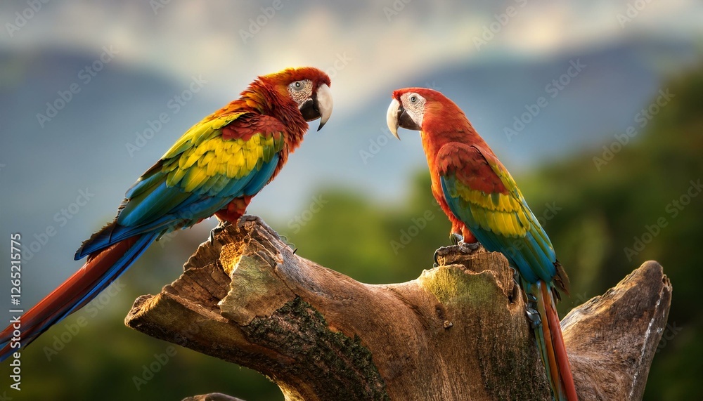 Fototapeta premium Loros macho y hembra sobre un arbol mirando el bosque