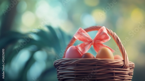 Bow on a basket close up. Easter colored eggs defocused on a blurred background. Background with place for text or copy space.