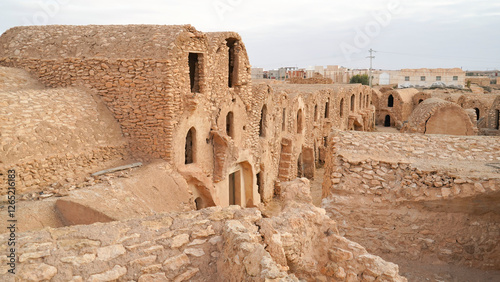 Ksar Hadada storico villaggio di ghorfa set di Star Wars film,  governatorato di Tataouine, Tunisia, resti del tipico villaggio fortificato Berbero composto da granai e abitazioni  photo