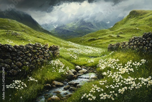 A beautiful painting of the green, grassy hills with stone walls, a small stream running through it, and white flowers growing in between the stones. 
