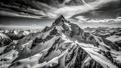 Snowy Mountain Peak Aerial Photography Black and White