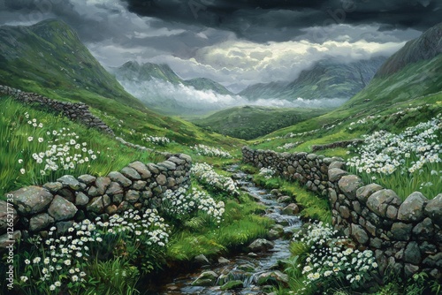 A beautiful painting of the green, grassy hills with stone walls, a small stream running through it, and white flowers growing in between the stones. 