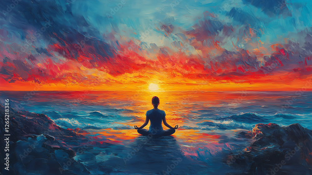Obraz premium Serene Meditation at Sunrise – Digital Oil Painting