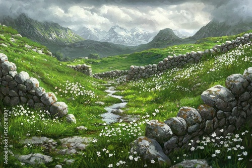 A beautiful painting of the green, grassy hills with stone walls, a small stream running through it, and white flowers growing in between the stones. 