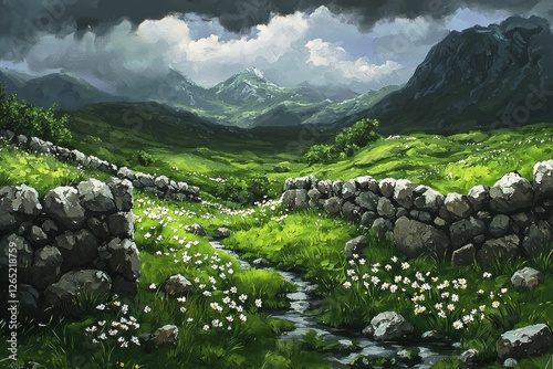 A beautiful painting of the green, grassy hills with stone walls, a small stream running through it, and white flowers growing in between the stones. 