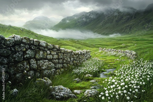 A beautiful painting of the green, grassy hills with stone walls, a small stream running through it, and white flowers growing in between the stones. 