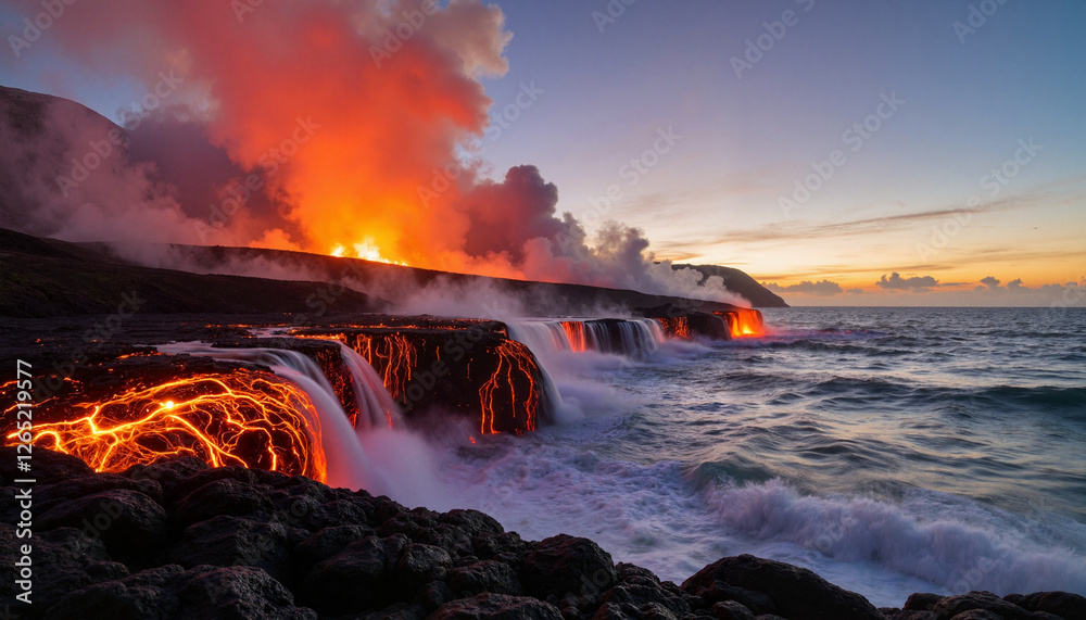 Fototapeta premium Dramatic lava flowing into ocean at dawn, natural wonder
