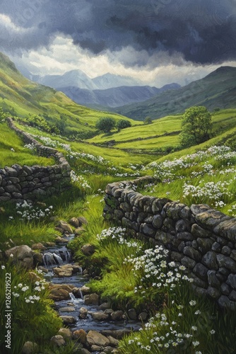 A beautiful painting of the green, grassy hills with stone walls, a small stream running through it, and white flowers growing in between the stones. 