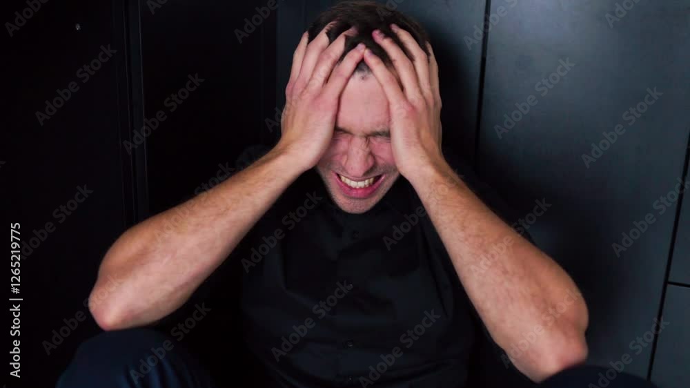 Aggressive depressed young man sit alone on floor and scream. Guy in despair or depression suffer from headache or mental problems. Tear hair apart. Aggressive depressed young man sit alone on floor and scream. Guy in despair or depression suffer from headache or mental problems. Tear hair apart.