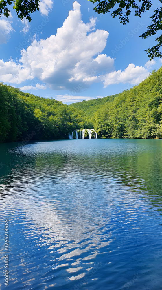 Fototapeta premium Beautiful nature landscape with a blue lake and green forest, with picturesque waterfalls 