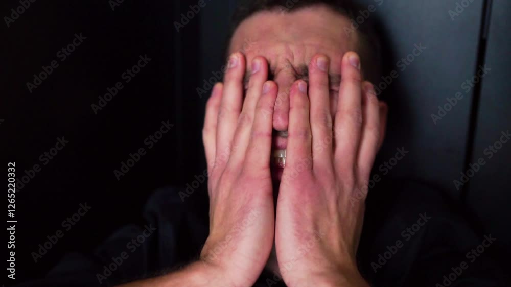 Close up portrait of young man scream and yell from headache and pain. Suffer from depression and bad mood. Broken guy, angry and mad. Crisis and unhappiness. Close up portrait of young man scream and yell from headache and pain. Suffer from depression and bad mood. Broken guy, angry and mad. Crisis and unhappiness.