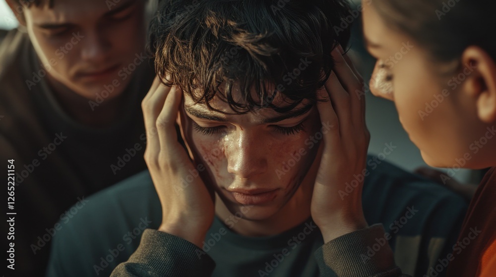Fototapeta premium Close-up of a devastated young man holding his head in his hands and friends supporting him during group therapy