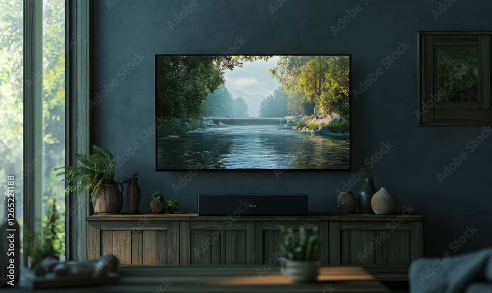 Fototapeta premium Relaxing riverside view displayed on a modern living room wall