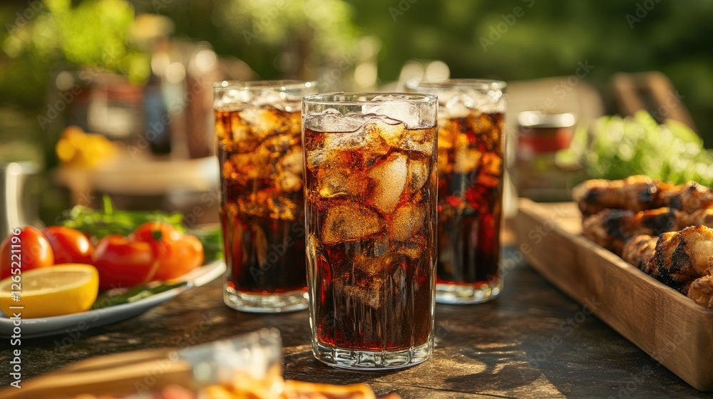 A summer BBQ scene with cola soda served in chilled glasses, surrounded by grilled food and outdoor dcor. A summer BBQ scene with cola soda served in chilled glasses, surrounded by grilled food and outdoor dcor.