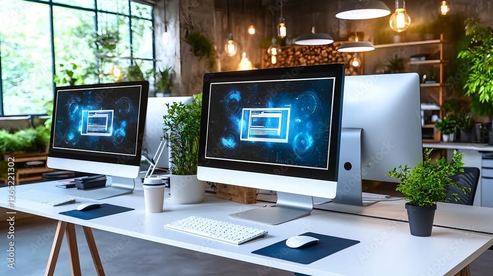 Fototapeta premium Modern Office Workspace with Two Computers - Minimalist design