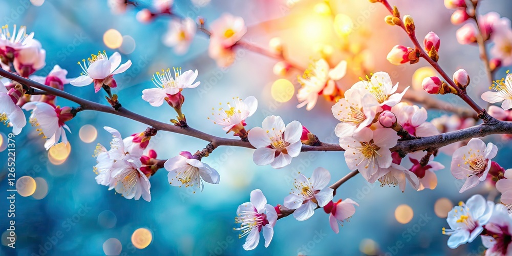 Spring Apricot Blossoms Panoramic Blue Background Spring Apricot Blossoms Panoramic Blue Background