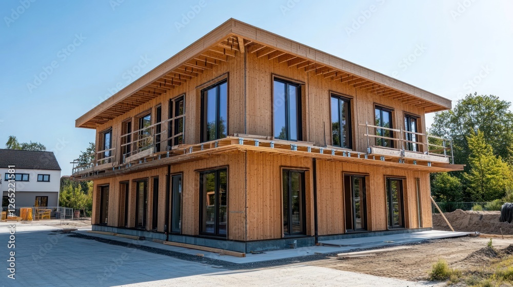 Modern wooden house under construction in a residential area Modern wooden house under construction in a residential area