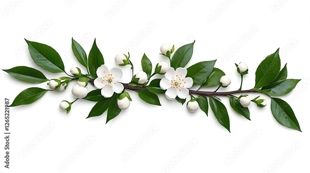 Spring Blossom Branch: Delicate White Flowers and Lush Green Leaves AI Generated Spring Blossom Branch: Delicate White Flowers and Lush Green Leaves AI Generated